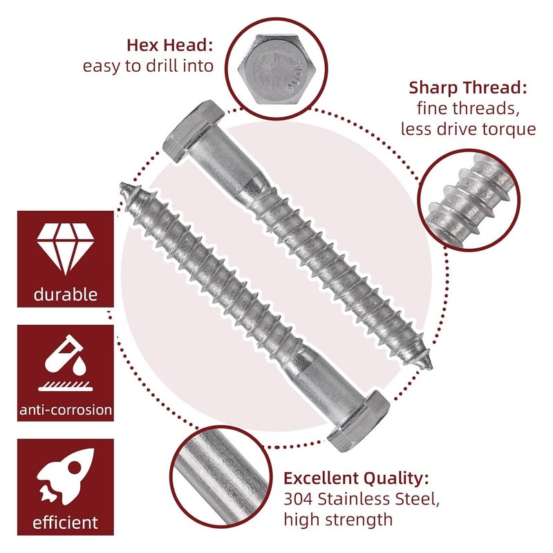 AiVeUao 50 Pack 304 Stainless Steel Wood Lag Screw, 3/8" x 3" Hex Head Lag Bolts, Heavy Duty Hex Head Lag Screws, Wood Screws 18-8 - Image 3